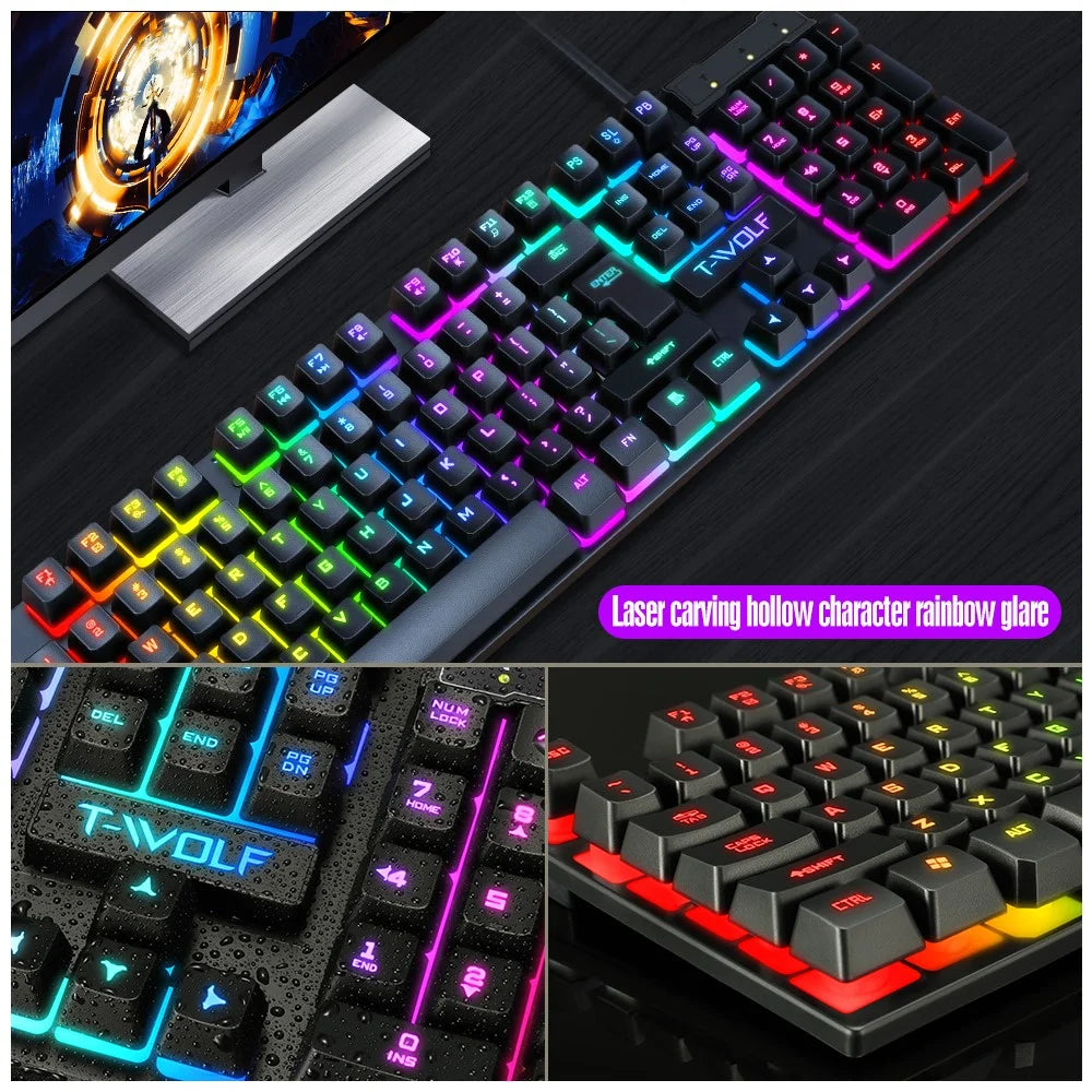 T-WOLF TF200 Gaming Keyboard USB Floating Manipulator Feel Wired Gaming Keyboard and Mouse Set - Black - 4