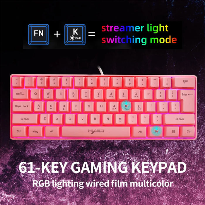 HXSJ V700 61 Keys USB Wired Gaming Keyboard with Colorful Backlight for Computer Desktop Laptop PC - Pink - 2