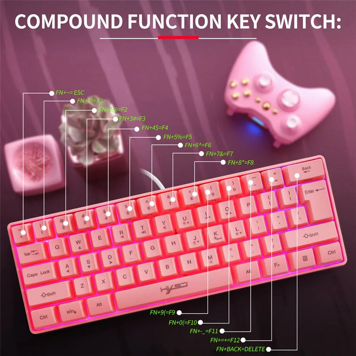 HXSJ V700 61 Keys USB Wired Gaming Keyboard with Colorful Backlight for Computer Desktop Laptop PC - Pink - 3