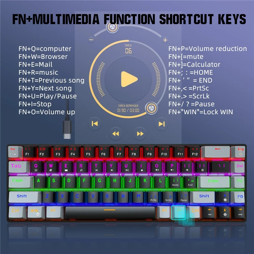 HXSJ V800 68 Keys Mechanical Keyboard with Backlit for Gaming Office - Black/Blue Switch - 6