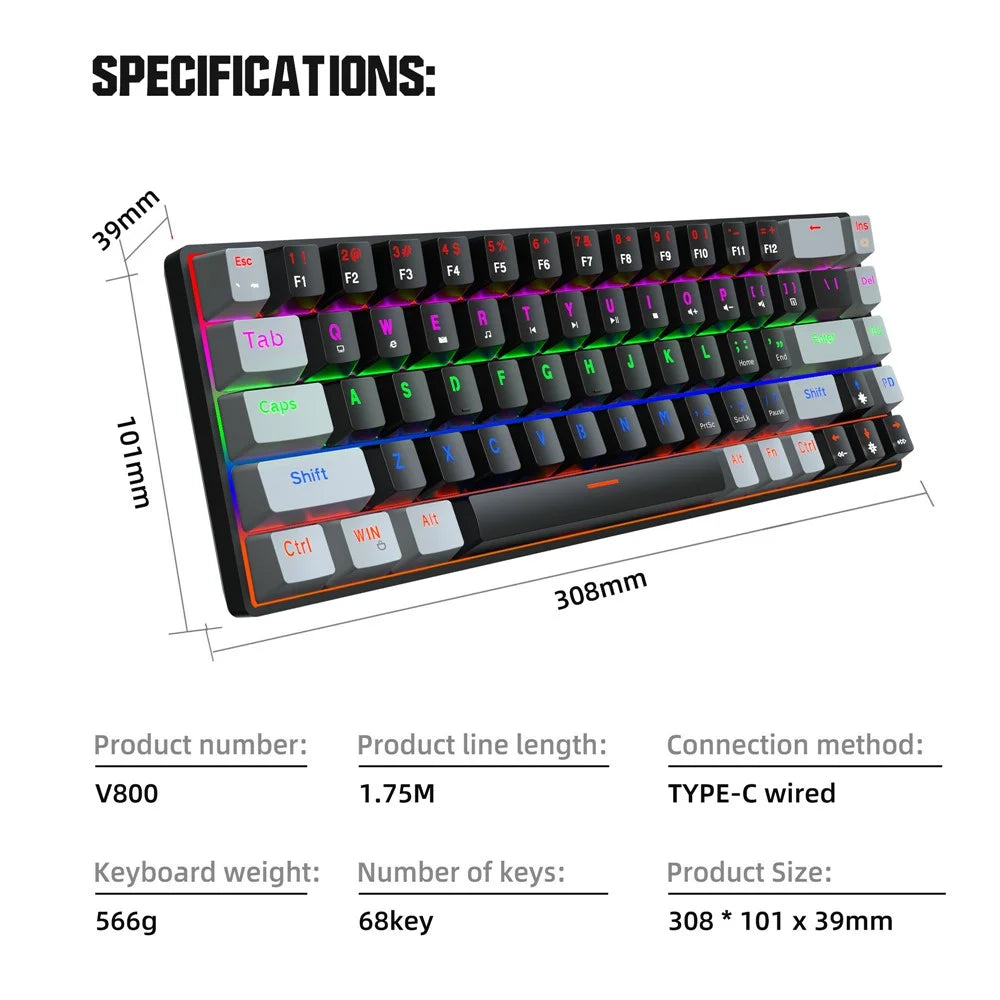 HXSJ V800 68 Keys Mechanical Keyboard with Backlit for Gaming Office - Black/Blue Switch - 7