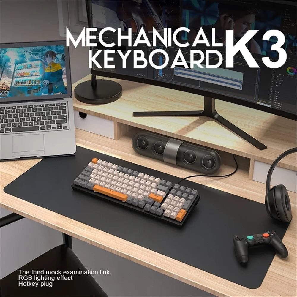 FREE WOLF K3 Mechanical Keyboard 100-Key Gaming Keyboard with Colorful Light Effects for Office Home Computers Laptops - Black Yellow/Blue Switch - 3