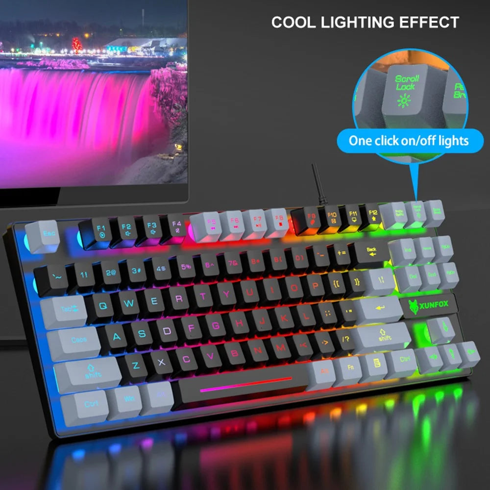 XUNFOX K10 USB Wired Mechanical Hand-Feel Keyboard 87 Keys Gamer Keyboard with Colorful Backlight - Black  /  Grey - 3