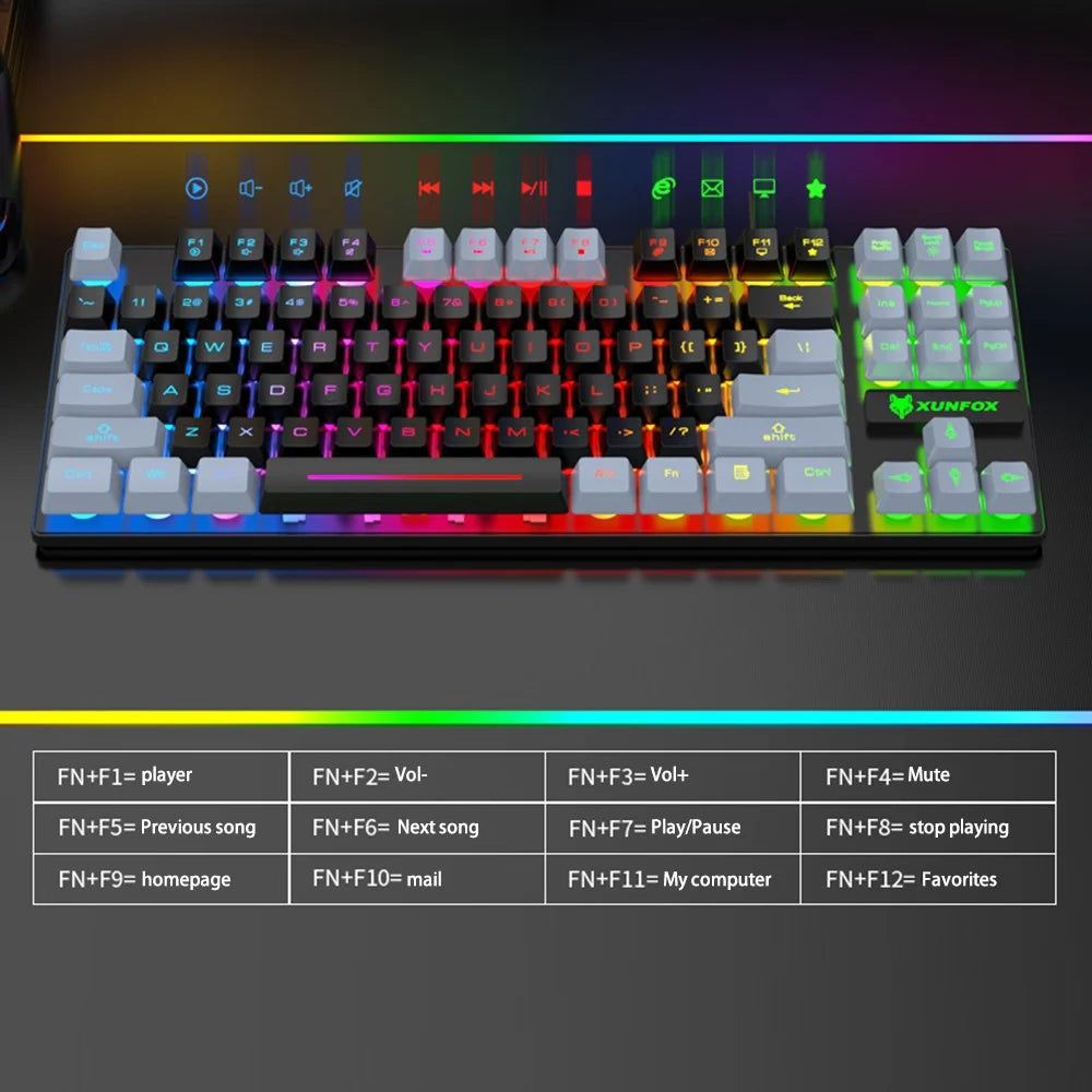 XUNFOX K10 USB Wired Mechanical Hand-Feel Keyboard 87 Keys Gamer Keyboard with Colorful Backlight - Black  /  Grey - 6