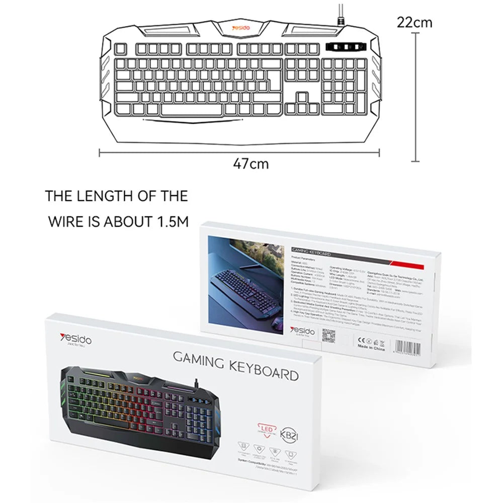 YESIDO KB21 1.5m USB Wired Keyboard 104-key Gaming Keyboard with Breathing Light - 7