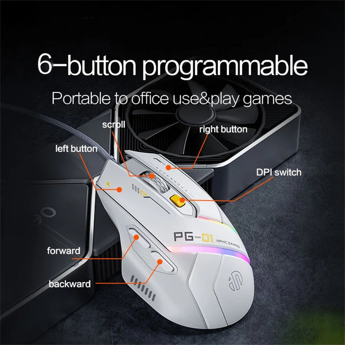 INPHIC PG1 USB Wired E-Sports Gaming Mouse RGB Light Computer Laptop Mice - 6