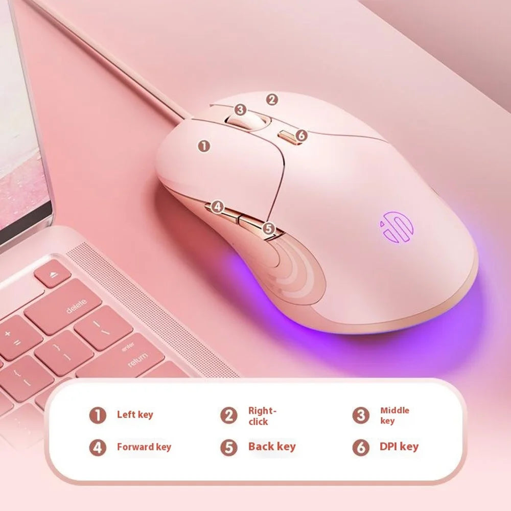 INPHIC B8 USB Wired Mouse for Girls Women 7200DPI 6 Key Mute Gaming Mouse for Laptop PC - Pink - 2