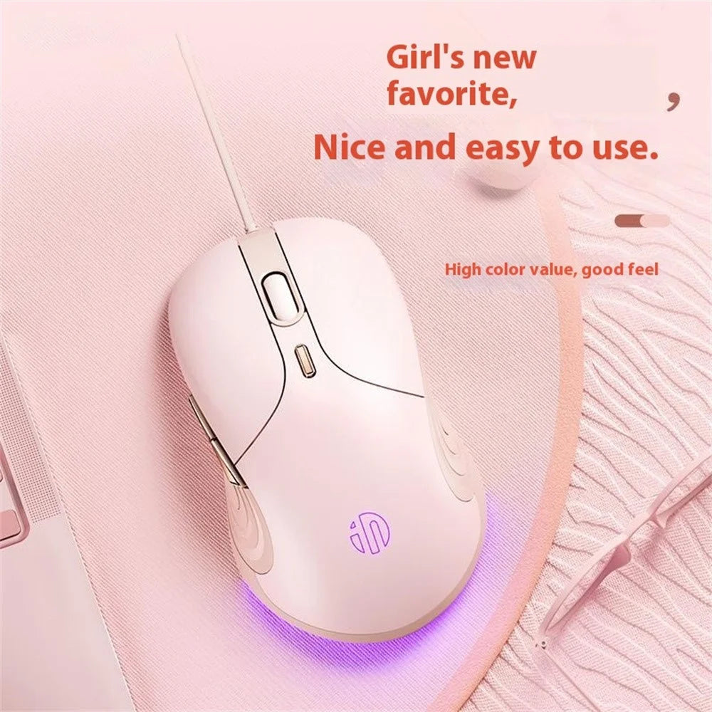 INPHIC B8 USB Wired Mouse for Girls Women 7200DPI 6 Key Mute Gaming Mouse for Laptop PC - Pink - 3