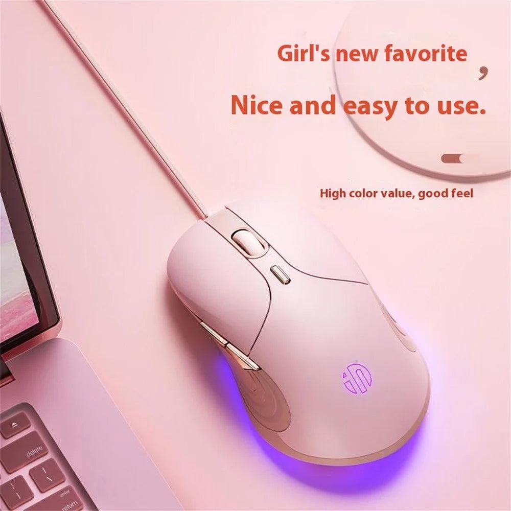 INPHIC B8 USB Wired Mouse for Girls Women 7200DPI 6 Key Mute Gaming Mouse for Laptop PC - Pink - 4