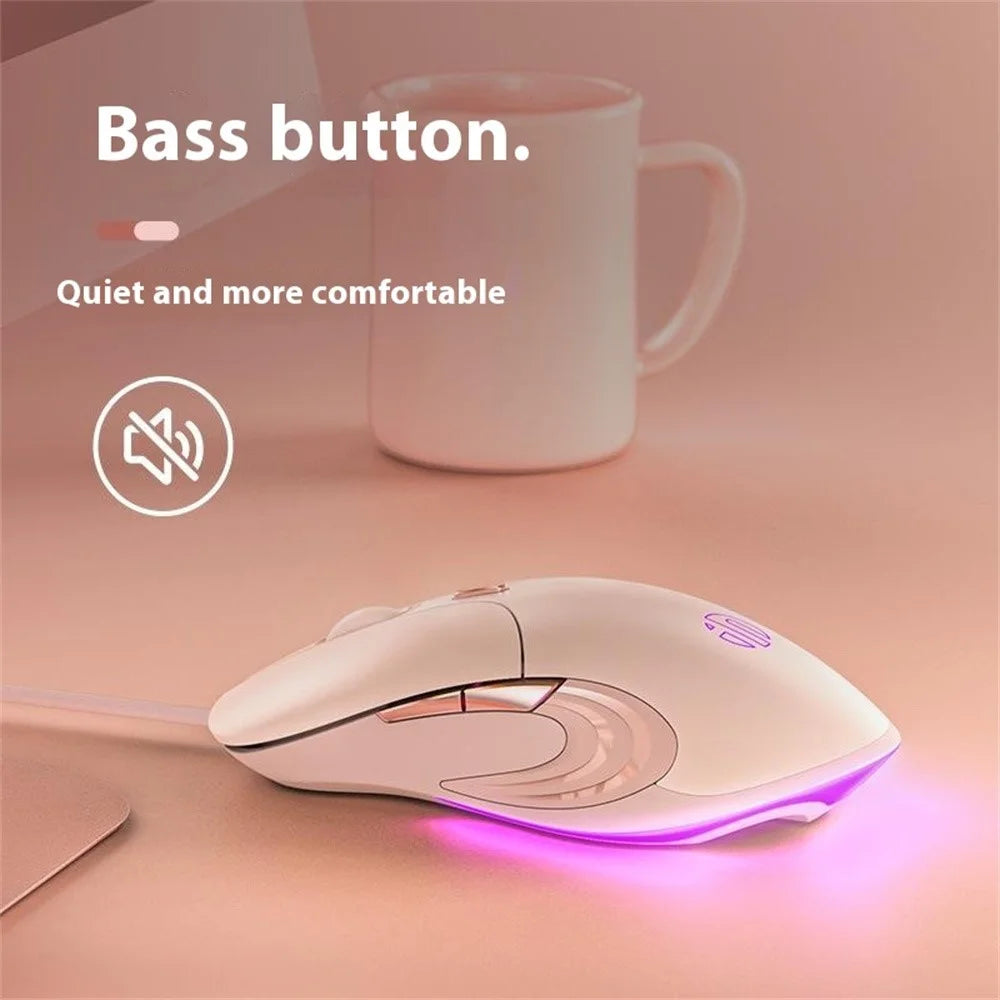 INPHIC B8 USB Wired Mouse for Girls Women 7200DPI 6 Key Mute Gaming Mouse for Laptop PC - Pink - 6