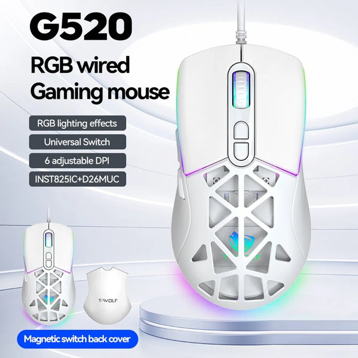 T-WOLF G520 Gaming Mouse RGB Backlit 7 Keys Programmable Mouse with Interchangeable Back Cover - White - 3