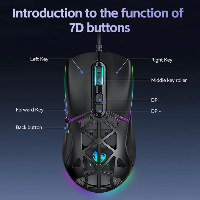 T-WOLF G520 Gaming Mouse RGB Backlit 7 Keys Programmable Mouse with Interchangeable Back Cover - White - 7