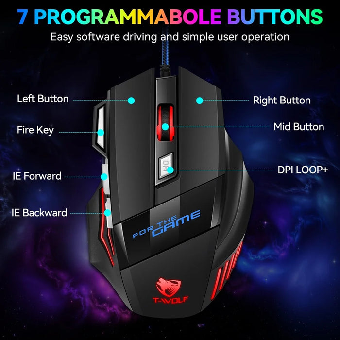 T-WOLF M1 Gaming Mouse Wired Ergonomic Design 7-Color Breathing Light for PC Gaming - 4