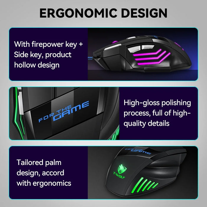 T-WOLF M1 Gaming Mouse Wired Ergonomic Design 7-Color Breathing Light for PC Gaming - 5