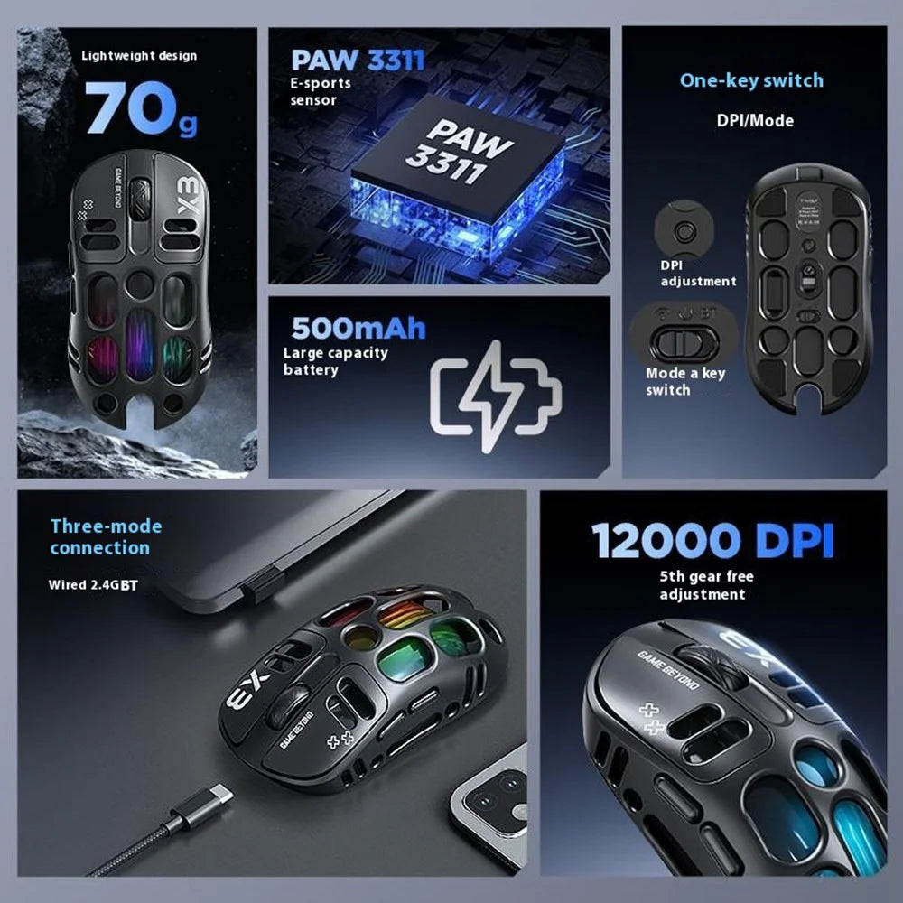 T-WOLF X3 Gaming Mouse Tri-Mode BT Wireless Hollow Design RGB Backlit Mechanical Mouse For Esports - Black - 3