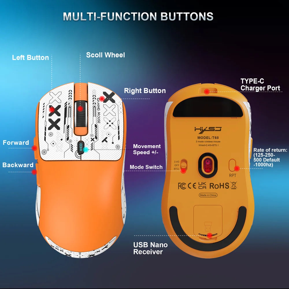 HXSJ T68 2.4G Wireless / Wired / Bluetooth-compatible 3 Modes Gaming Mouse 12000 DPI Ultra Light Rechargeable Mouse - Orange - 5