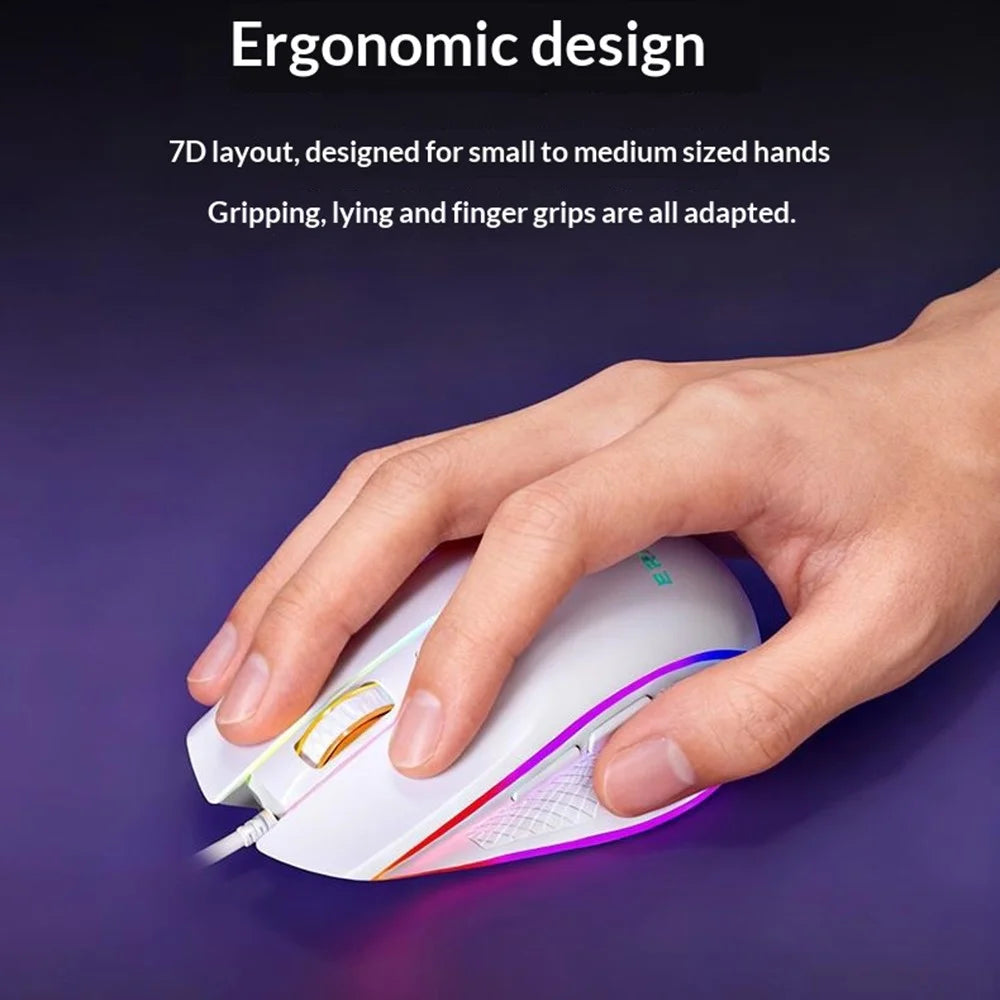 ERAZER G304 Wired Gaming Mouse 7D Layout RGB Colorful Light 3600 DPI Ergonomic Mouse for Office Gaming (Invested By Lenovo) - White - 3