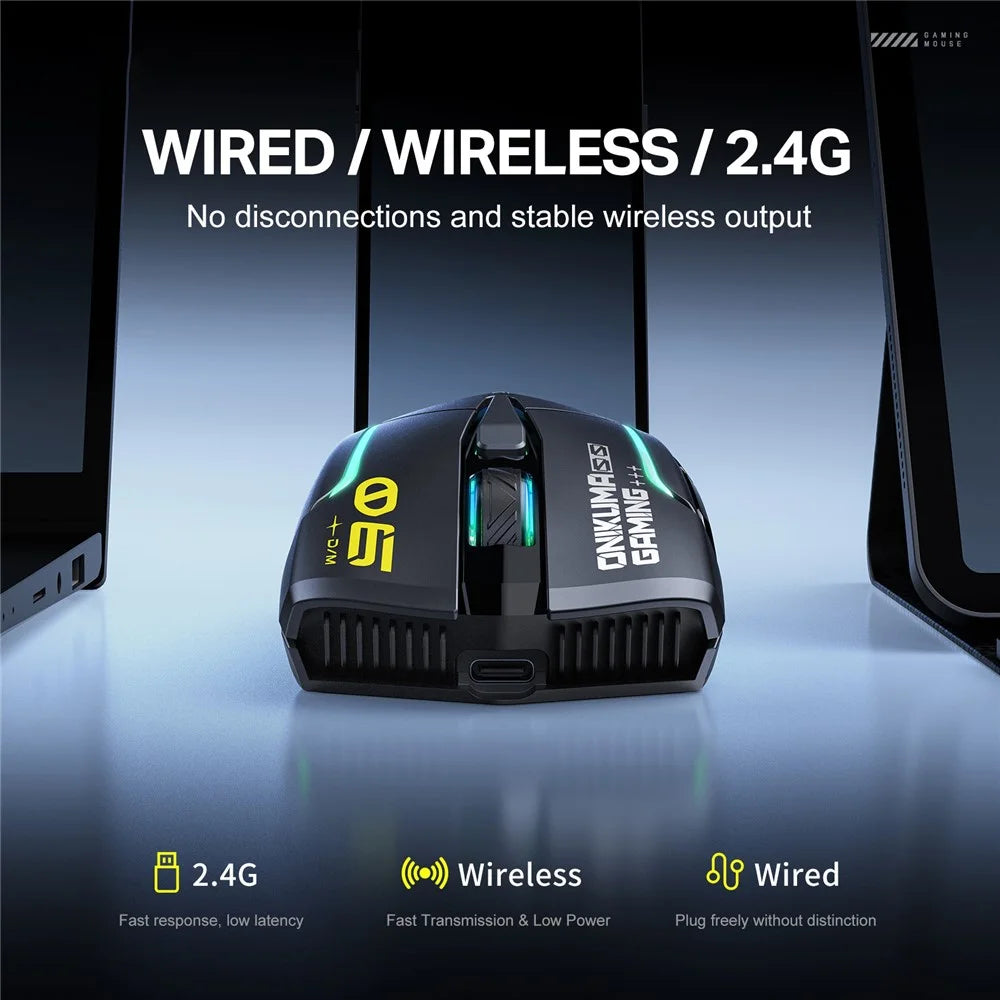 ONIKUMA DM06 Gaming Mouse 3-Mode Wireless Bluetooth-compatible 2.4G Wired 12800 DPI RGB PC Mouse - Black - 6