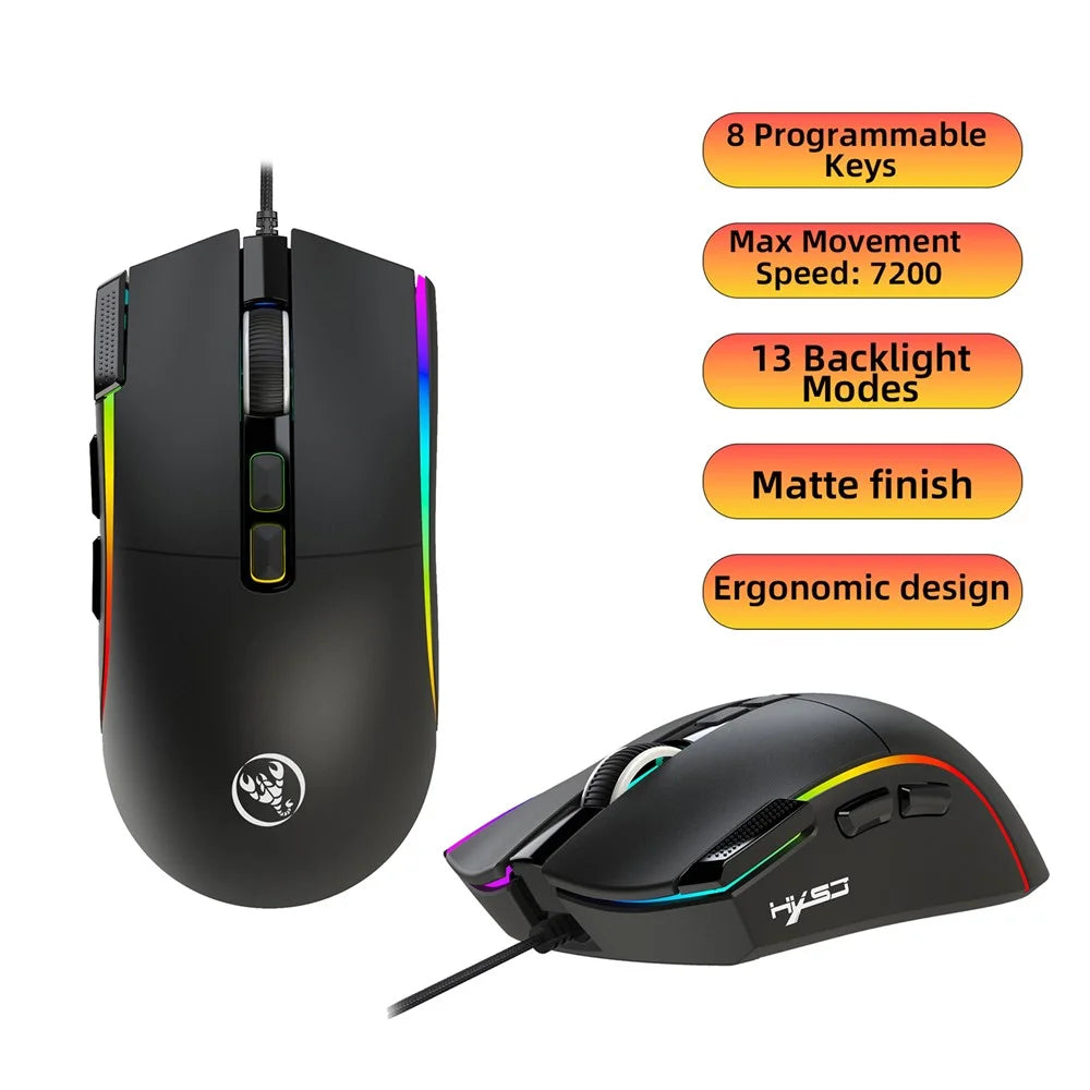 HXSJ X1 RGB Gaming Mouse with 8 Programmable Keys 7200 DPI Wired Mouse for Gaming Office - Black - 3