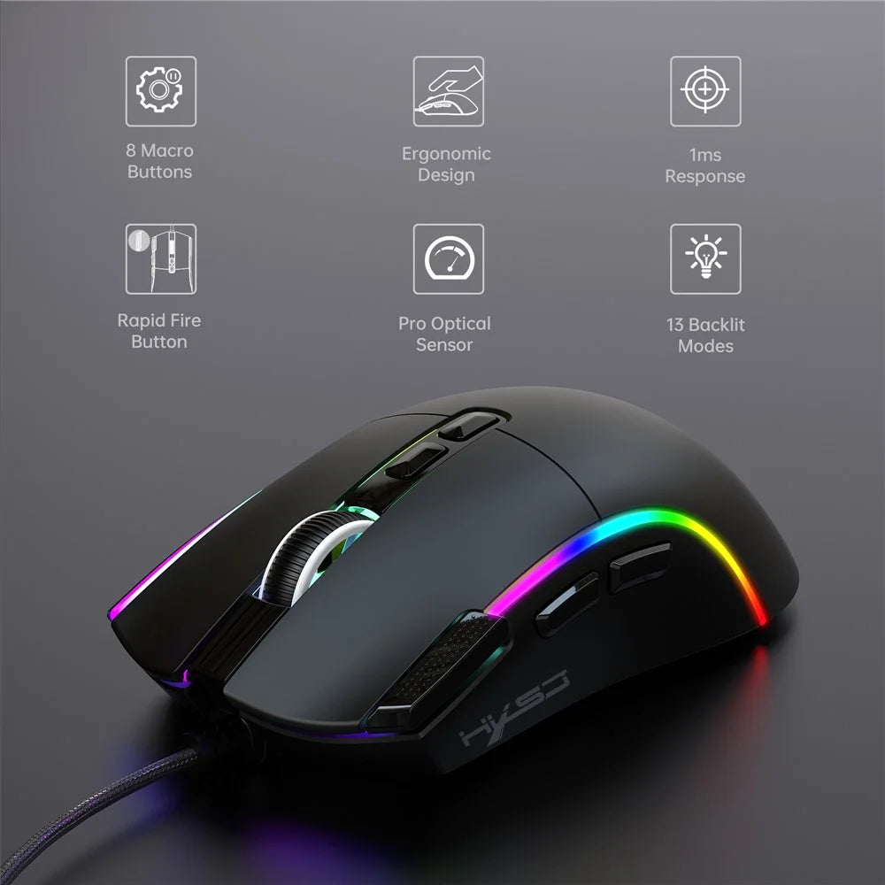 HXSJ X1 RGB Gaming Mouse with 8 Programmable Keys 7200 DPI Wired Mouse for Gaming Office - Black - 4
