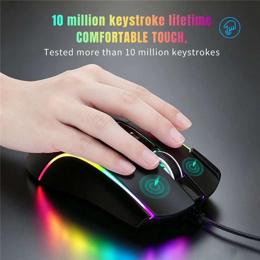 HXSJ X1 RGB Gaming Mouse with 8 Programmable Keys 7200 DPI Wired Mouse for Gaming Office - Black - 6