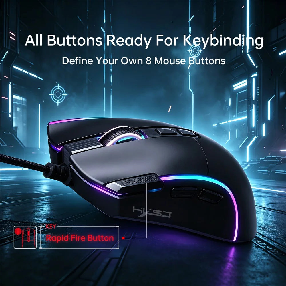 HXSJ X1 RGB Gaming Mouse with 8 Programmable Keys 7200 DPI Wired Mouse for Gaming Office - Black - 7