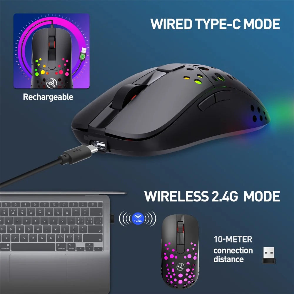 HXSJ T100 RGB Macro Programmable Dual Mode Wireless/Wired Gaming Mouse 10000 DPI Rechargeable Mice - 3