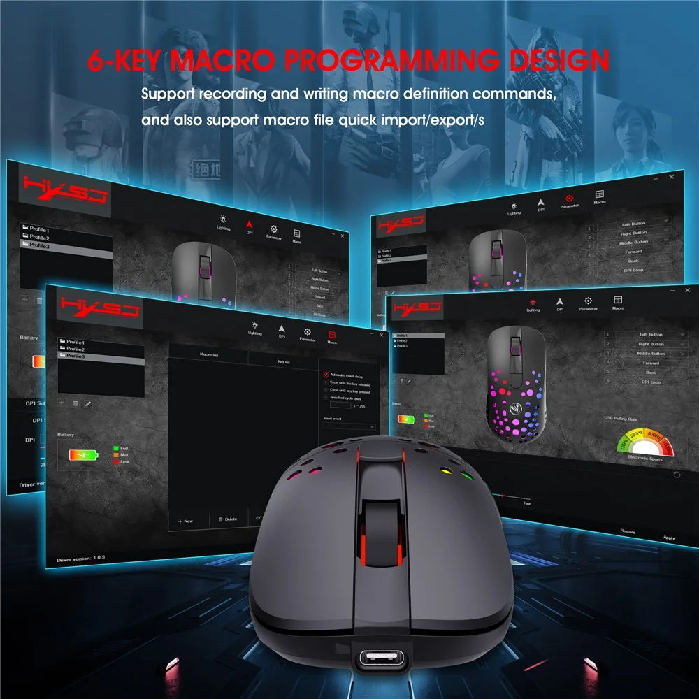 HXSJ T100 RGB Macro Programmable Dual Mode Wireless/Wired Gaming Mouse 10000 DPI Rechargeable Mice - 5