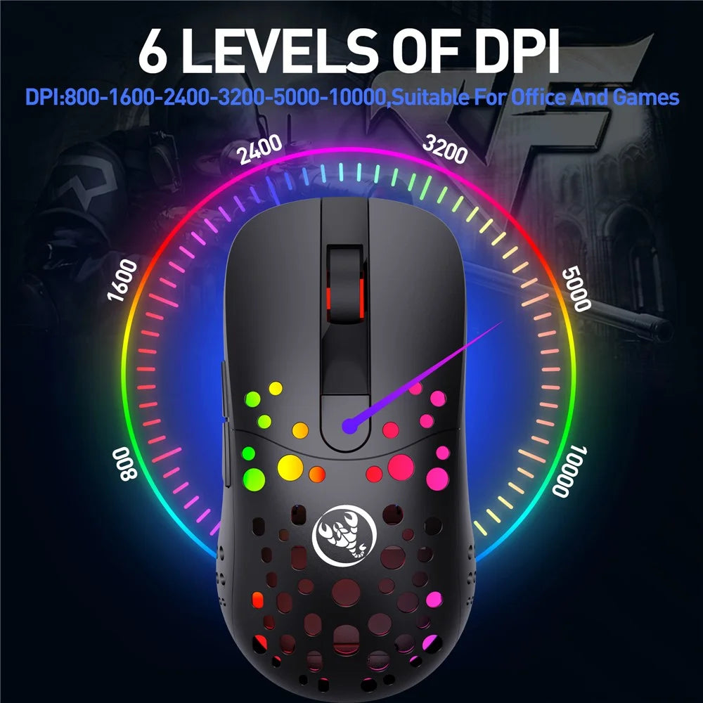 HXSJ T100 RGB Macro Programmable Dual Mode Wireless/Wired Gaming Mouse 10000 DPI Rechargeable Mice - 6