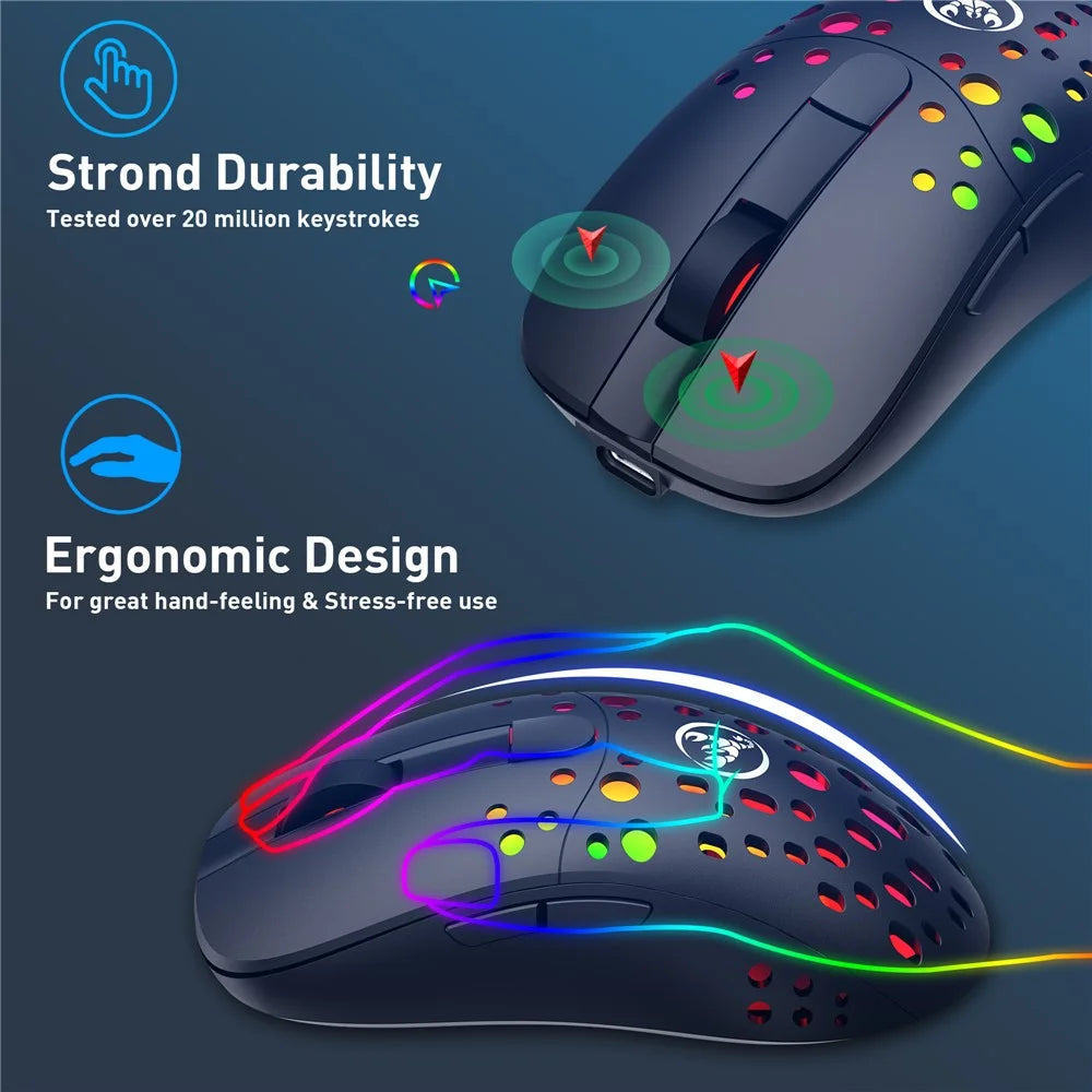 HXSJ T100 RGB Macro Programmable Dual Mode Wireless/Wired Gaming Mouse 10000 DPI Rechargeable Mice - 7