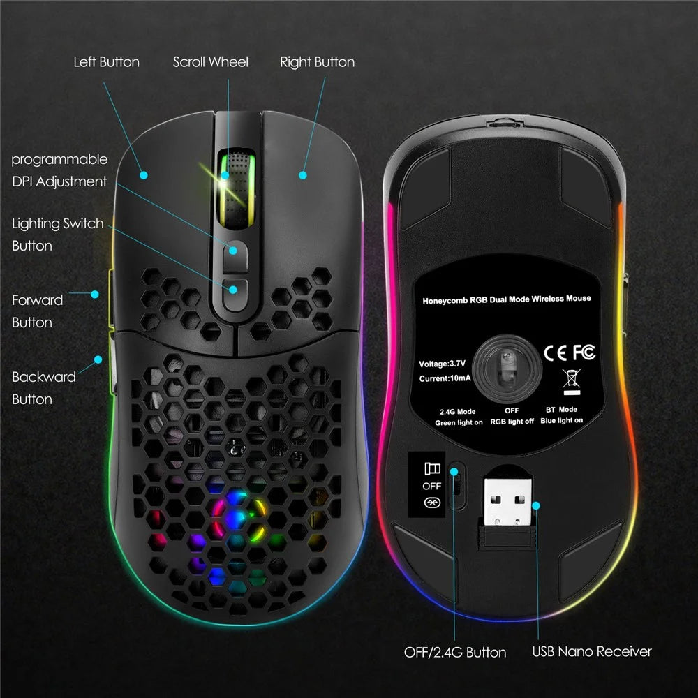 2.4G Bluetooth-compatible Dual Mode Honeycomb Shell Wireless Mouse with RGB Backlit for Laptop PC Computer - Black - 5