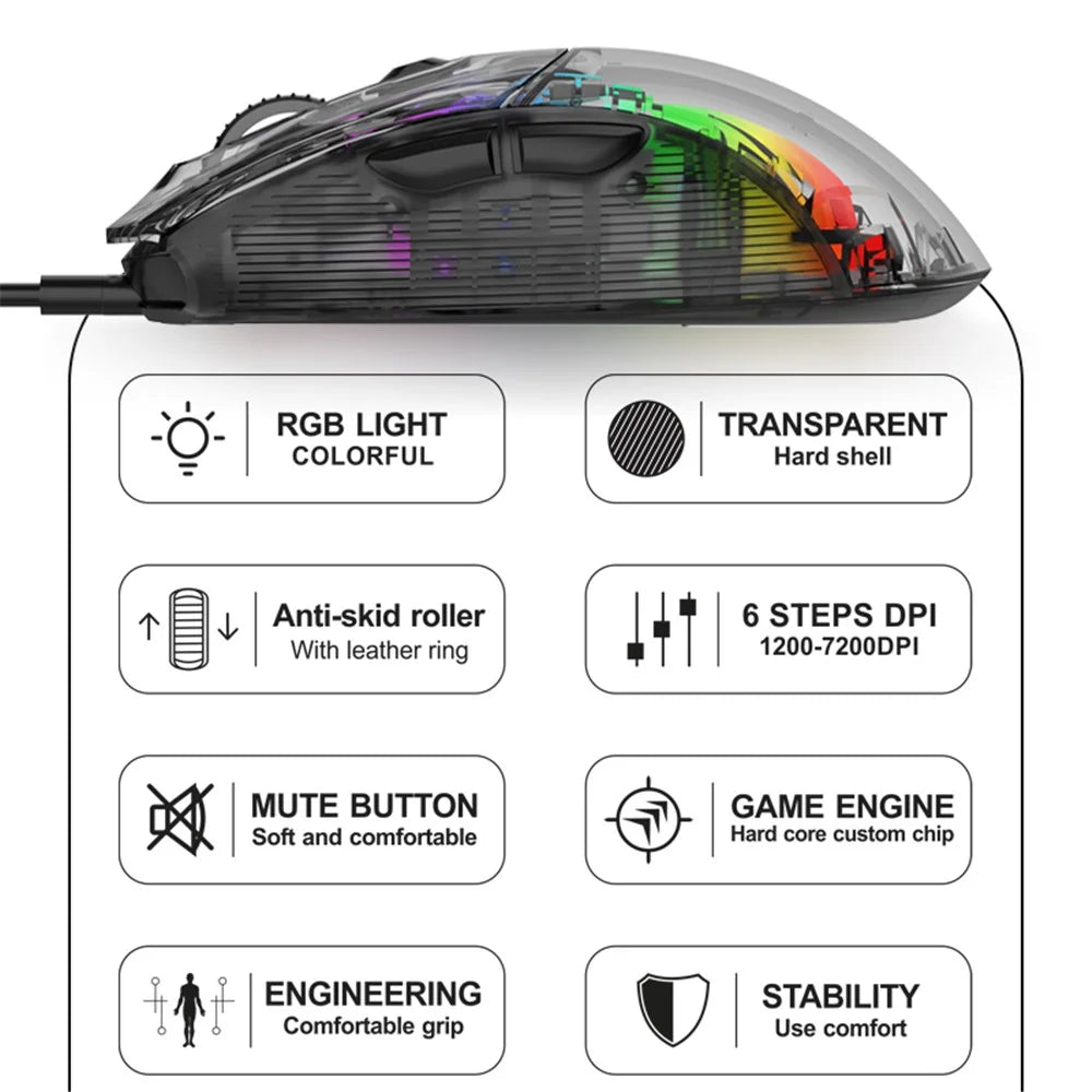 XUNFOX XYH10 USB Wired Transparent Mouse 6-Speed DPI 7 Keys Gaming Mouse with RGB Light for PC  /  Laptop - Black - 2
