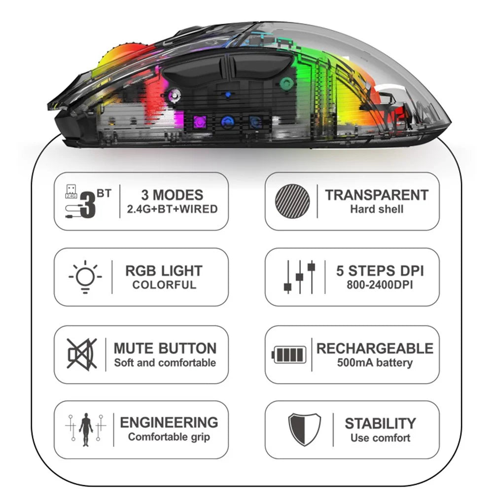 XYH20 2.4G+BT5.0+Wired Three Modes Transparent Mechanical Mouse 5-Speed DPI 7 Keys Gaming Mouse with RGB Light - Black - 2