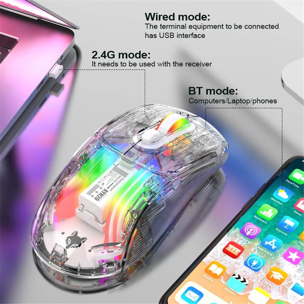 XYH20 2.4G+BT5.0+Wired Three Modes Transparent Mechanical Mouse 5-Speed DPI 7 Keys Gaming Mouse with RGB Light - Black - 4