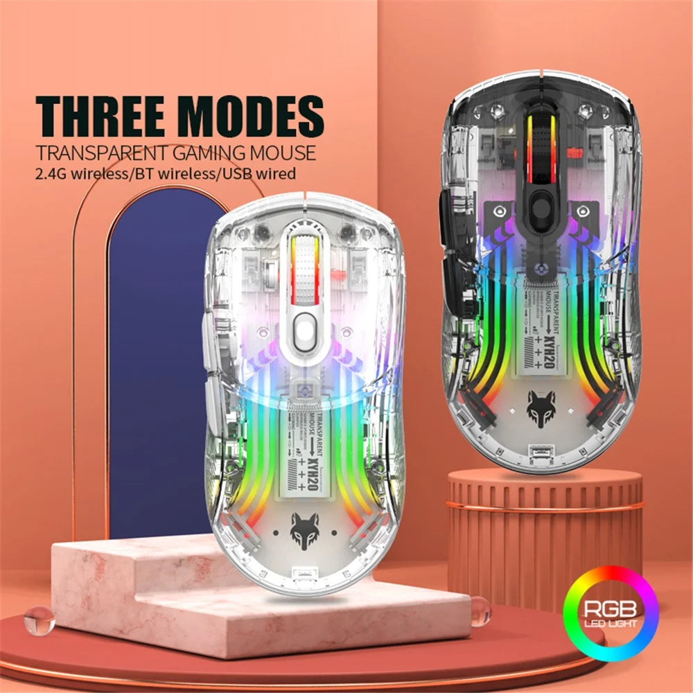 XYH20 2.4G+BT5.0+Wired Three Modes Transparent Mechanical Mouse 5-Speed DPI 7 Keys Gaming Mouse with RGB Light - Black - 6