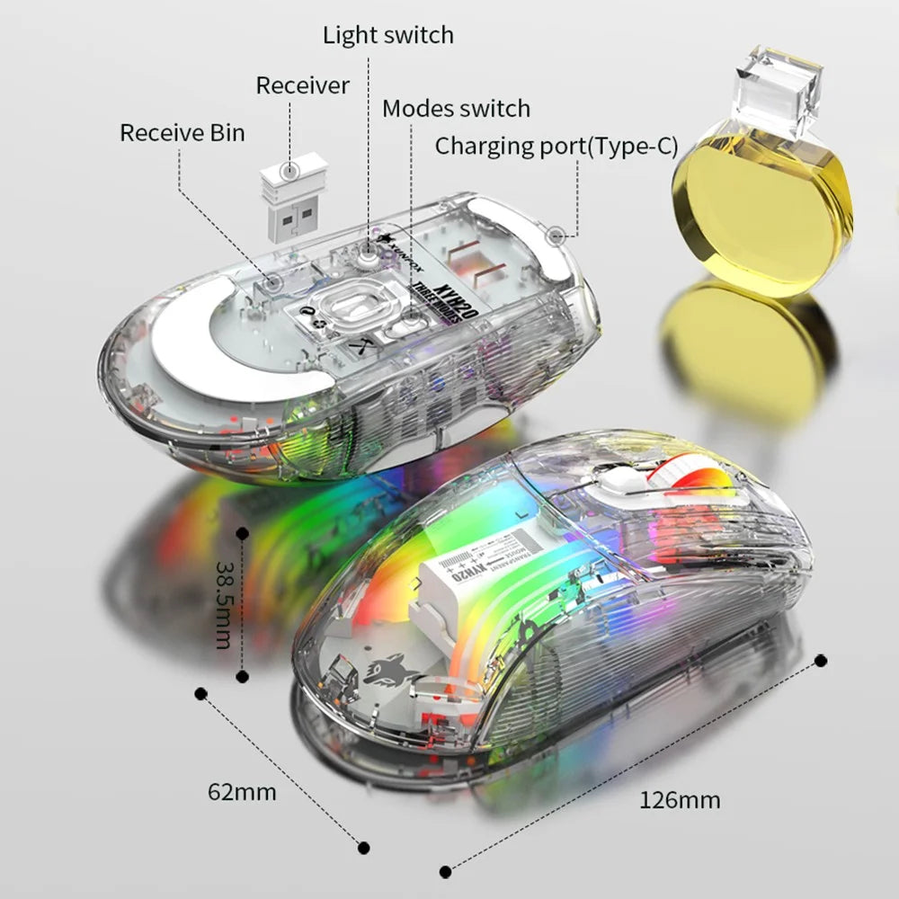 XYH20 2.4G+BT5.0+Wired Three Modes Transparent Mechanical Mouse 5-Speed DPI 7 Keys Gaming Mouse with RGB Light - Black - 7
