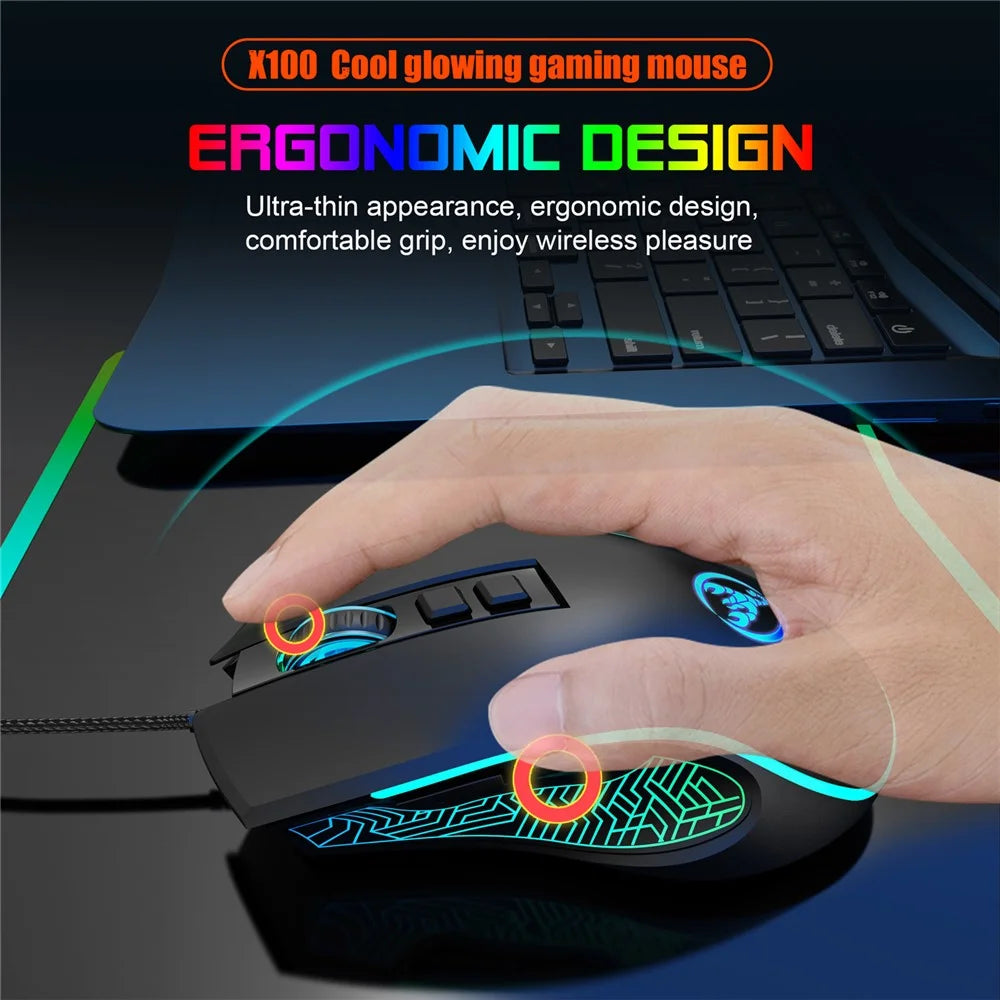 HXSJ X100 USB Wired Gaming Mouse 3600DPI Colorful Light Computer Laptop Mice - Black - 4