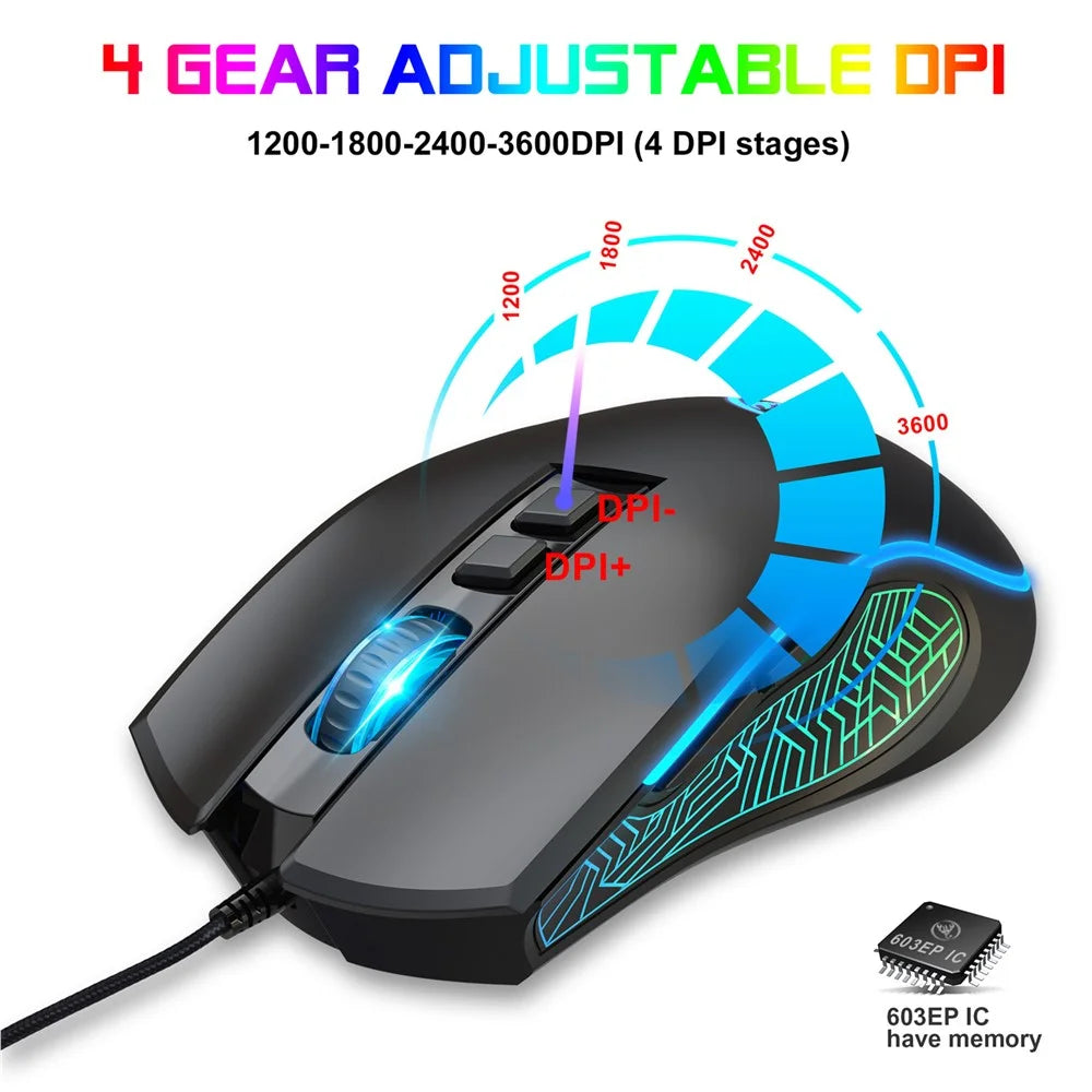 HXSJ X100 USB Wired Gaming Mouse 3600DPI Colorful Light Computer Laptop Mice - Black - 5