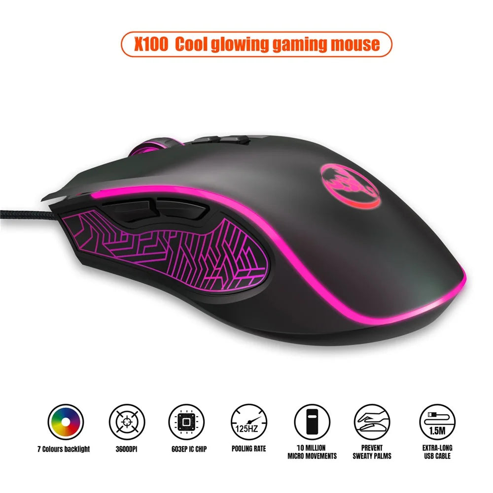 HXSJ X100 USB Wired Gaming Mouse 3600DPI Colorful Light Computer Laptop Mice - Black - 7