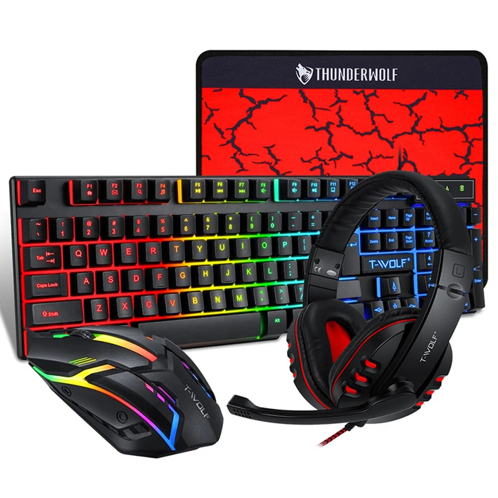 T-WOLF TF800 4 in 1 LED Backlit Gaming Working Keyboard Mouse Headphone Mouse Pad Set - 1