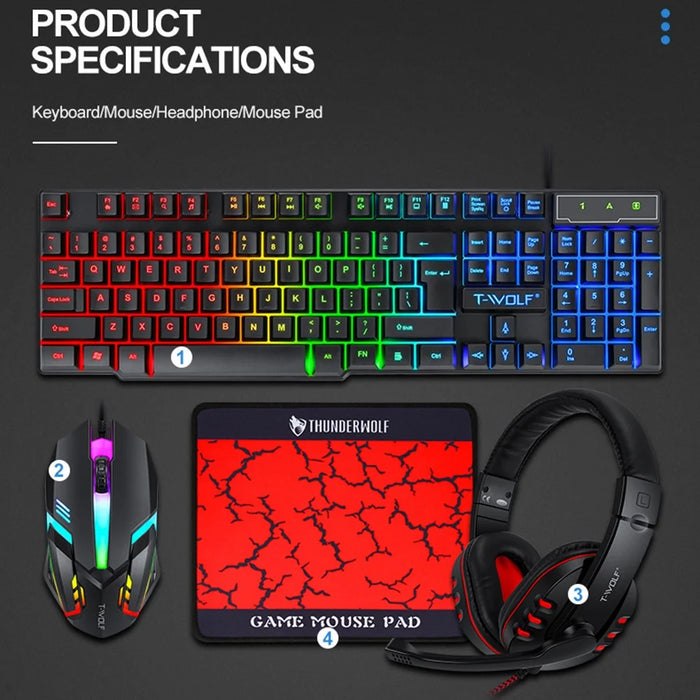 T-WOLF TF800 4 in 1 LED Backlit Gaming Working Keyboard Mouse Headphone Mouse Pad Set - 6