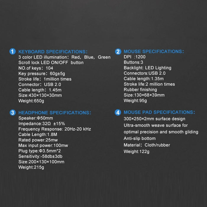 T-WOLF TF800 4 in 1 LED Backlit Gaming Working Keyboard Mouse Headphone Mouse Pad Set - 7