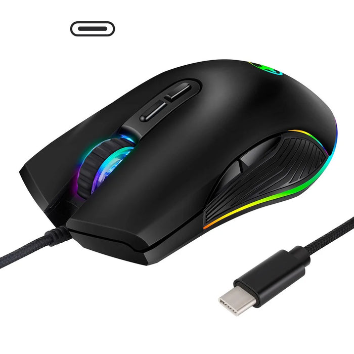 Type C Wired Gaming Mouse 800/1200/1600/3200 DPI Adjustable with RGB Backlit - 1