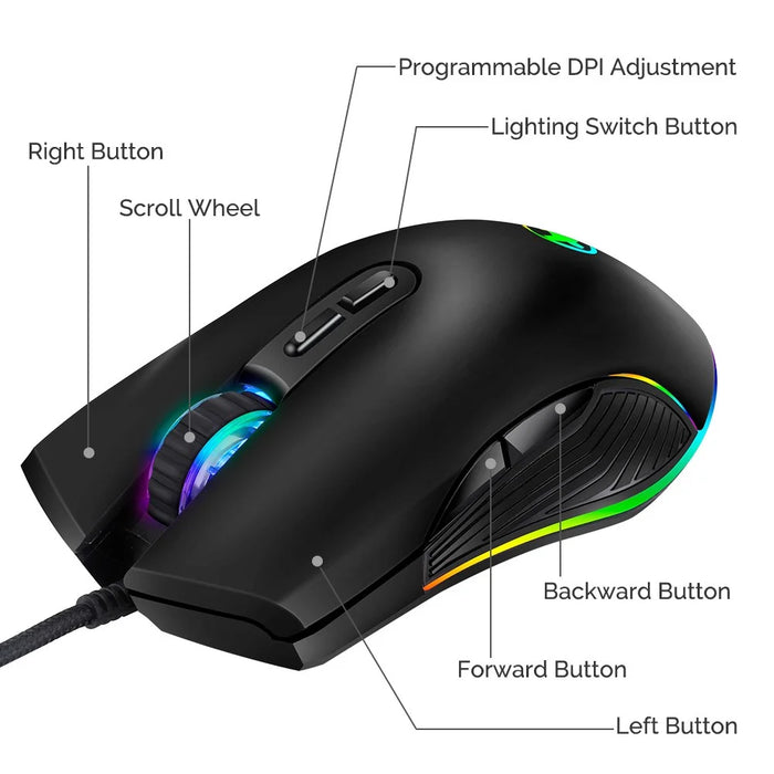 Type C Wired Gaming Mouse 800/1200/1600/3200 DPI Adjustable with RGB Backlit - 2