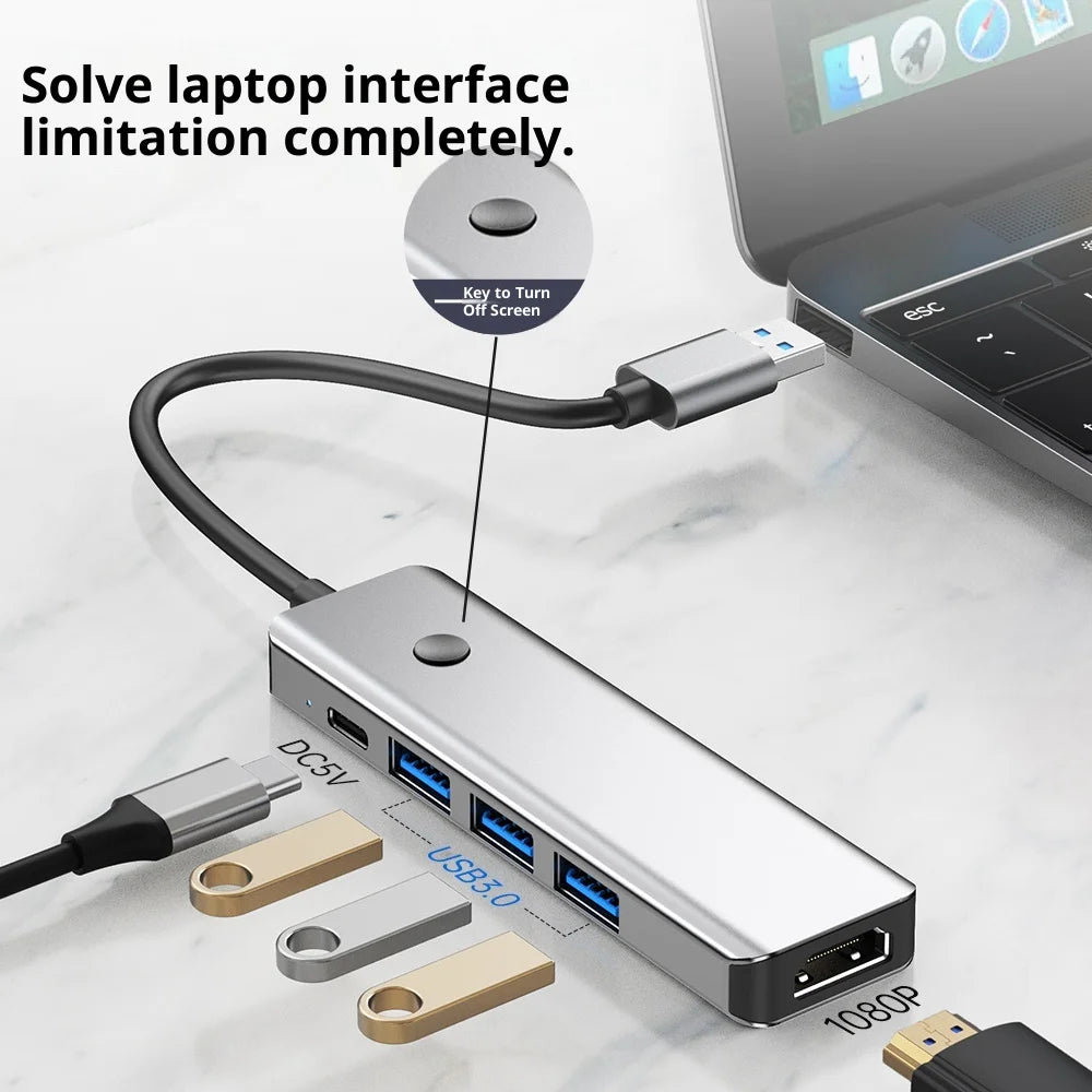 BYL-2526 USB-C 5 Port Hub 5 in 1 USB 3.0 to HD Video Adapter Cable for Laptop / TV / DVD Player / Projector - 4