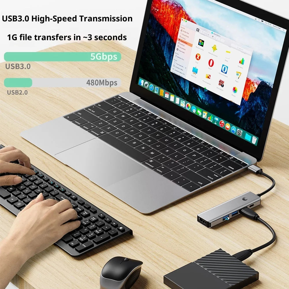 BYL-2526 USB-C 5 Port Hub 5 in 1 USB 3.0 to HD Video Adapter Cable for Laptop / TV / DVD Player / Projector - 5