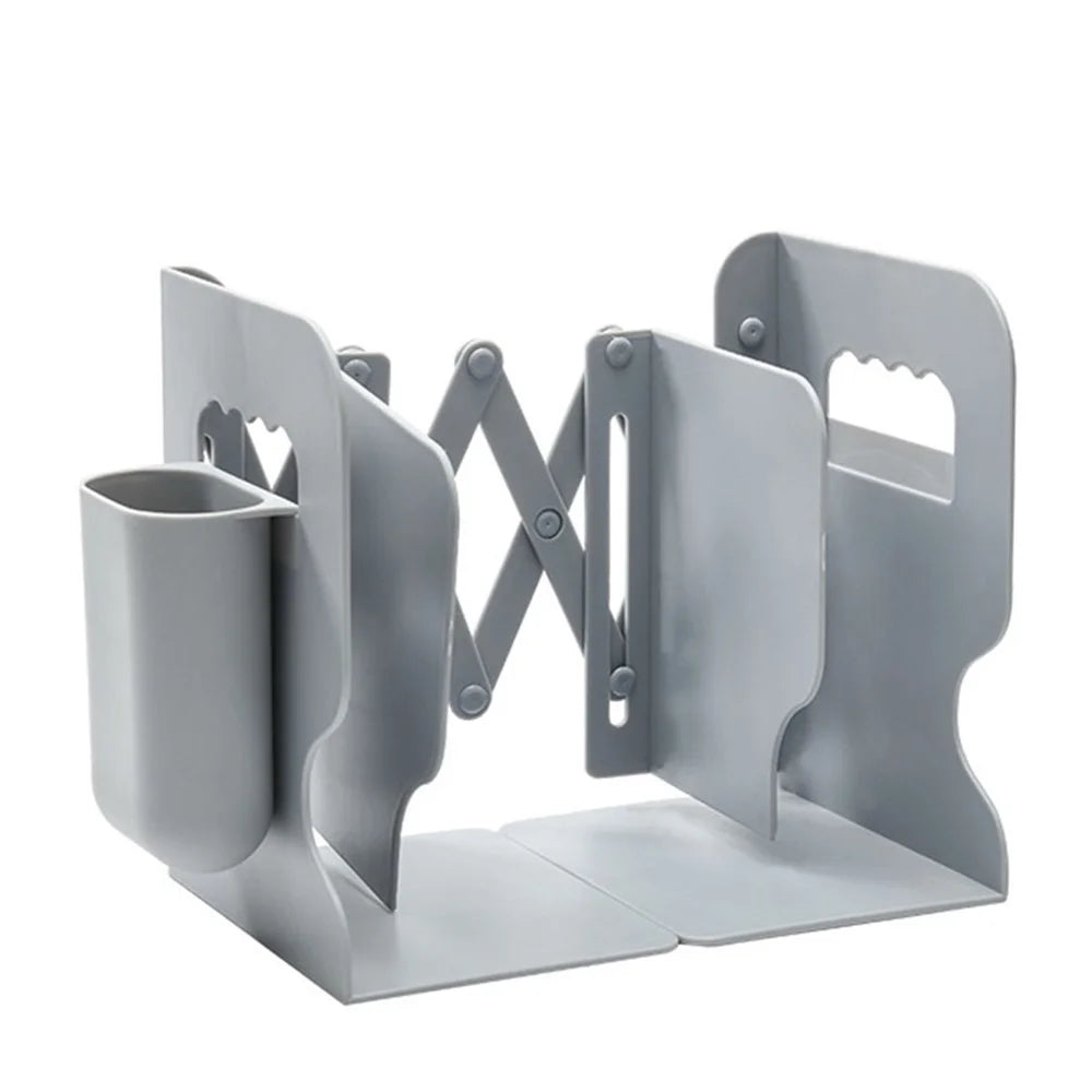 Retractable Bookend Book Stand Bookshelf with Pen Holder for Home Office - Grey - 1