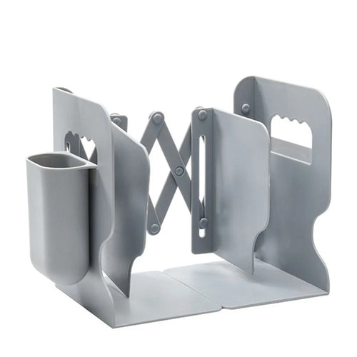 Retractable Bookend Book Stand Bookshelf with Pen Holder for Home Office - Grey - 1