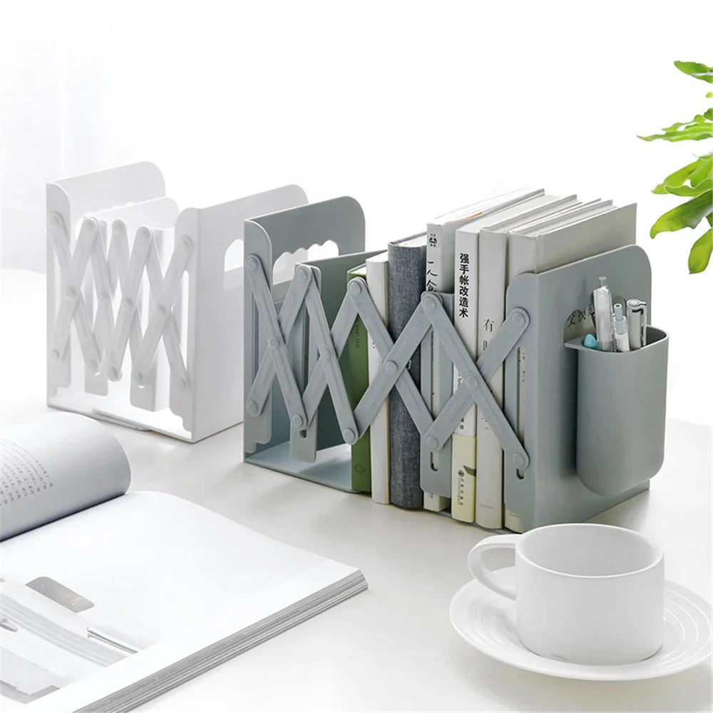 Retractable Bookend Book Stand Bookshelf with Pen Holder for Home Office - Grey - 2