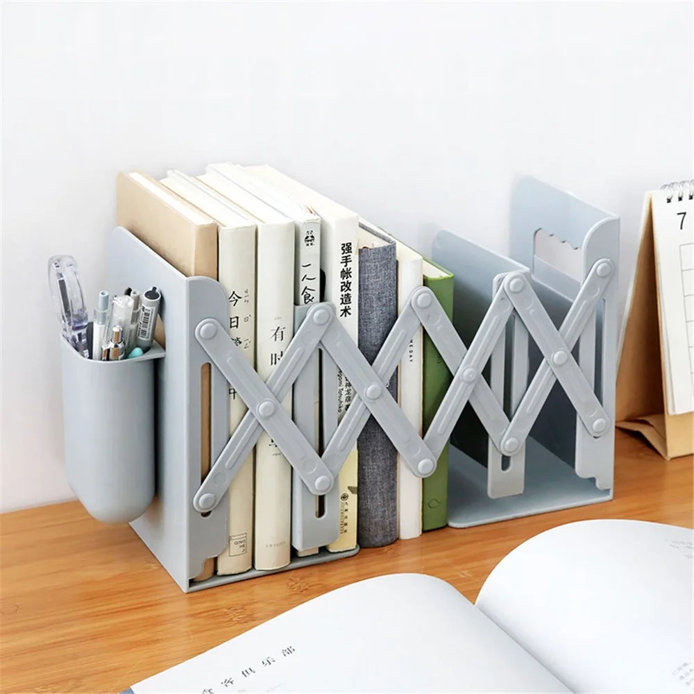 Retractable Bookend Book Stand Bookshelf with Pen Holder for Home Office - Grey - 3